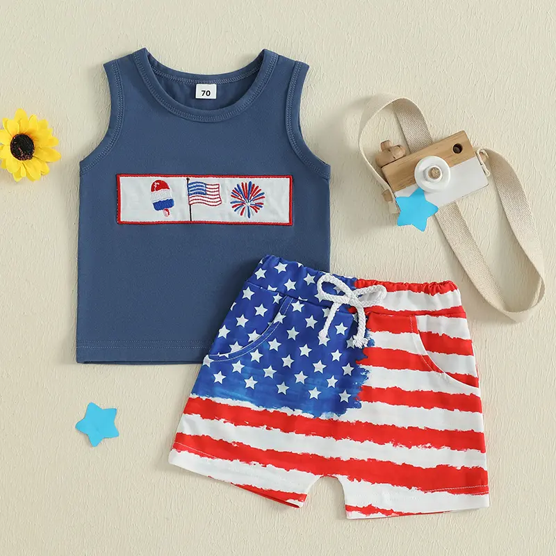 Baby Boy Patriotic Outfits Embroidery Sleeveless Tank Tops and Elastic Star Stripe Print Shorts Set Kids Summer Clothes