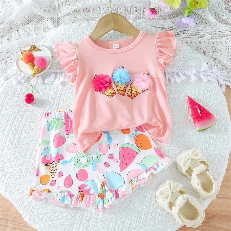 Toddler Girls 2 Piece Outfits Short Sleeve O Neck Tops and Ice Cream Fruit Print Shorts Sets
