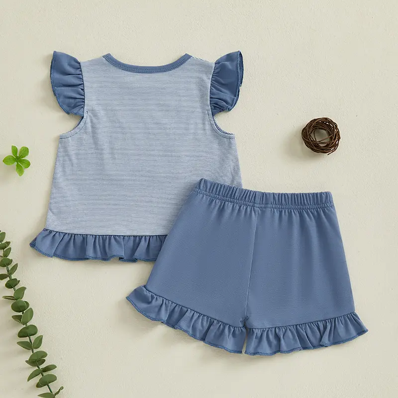 Toddler Baby Girl Shorts Set Duck Embroidered Striped Flying Sleeve Tops Solid Ruffle Shorts 2 Piece Summer Outfit