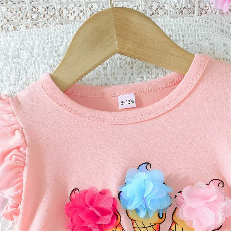Toddler Girls 2 Piece Outfits Short Sleeve O Neck Tops and Ice Cream Fruit Print Shorts Sets