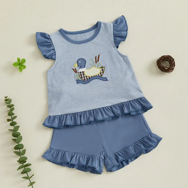 Toddler Baby Girl Shorts Set Duck Embroidered Striped Flying Sleeve Tops Solid Ruffle Shorts 2 Piece Summer Outfit