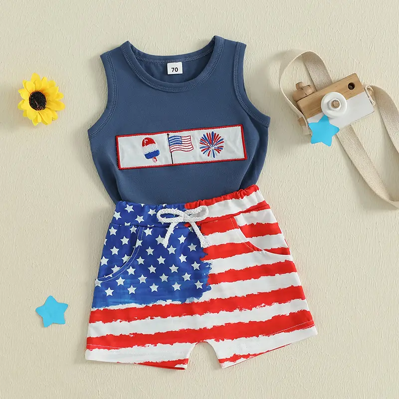 Baby Boy Patriotic Outfits Embroidery Sleeveless Tank Tops and Elastic Star Stripe Print Shorts Set Kids Summer Clothes