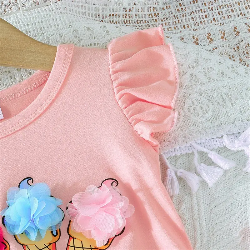 Toddler Girls 2 Piece Outfits Short Sleeve O Neck Tops and Ice Cream Fruit Print Shorts Sets