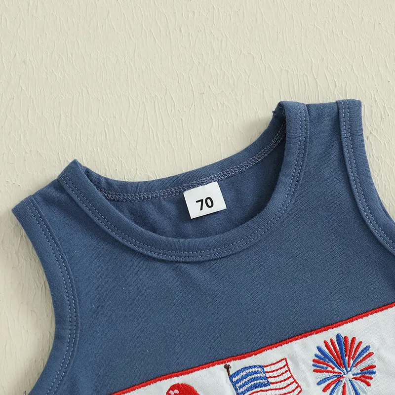 Baby Boy Patriotic Outfits Embroidery Sleeveless Tank Tops and Elastic Star Stripe Print Shorts Set Kids Summer Clothes