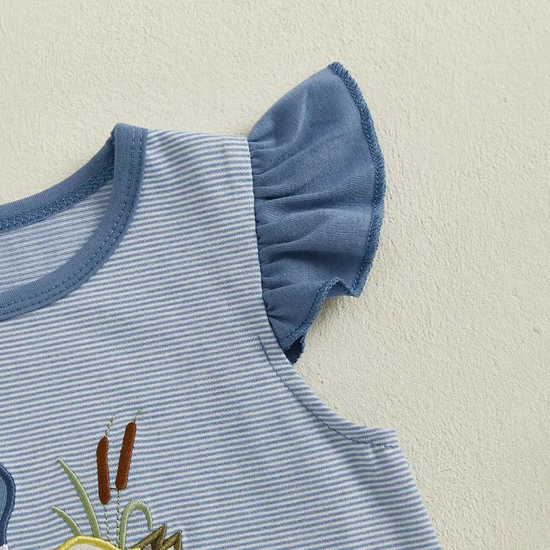 Toddler Baby Girl Shorts Set Duck Embroidered Striped Flying Sleeve Tops Solid Ruffle Shorts 2 Piece Summer Outfit