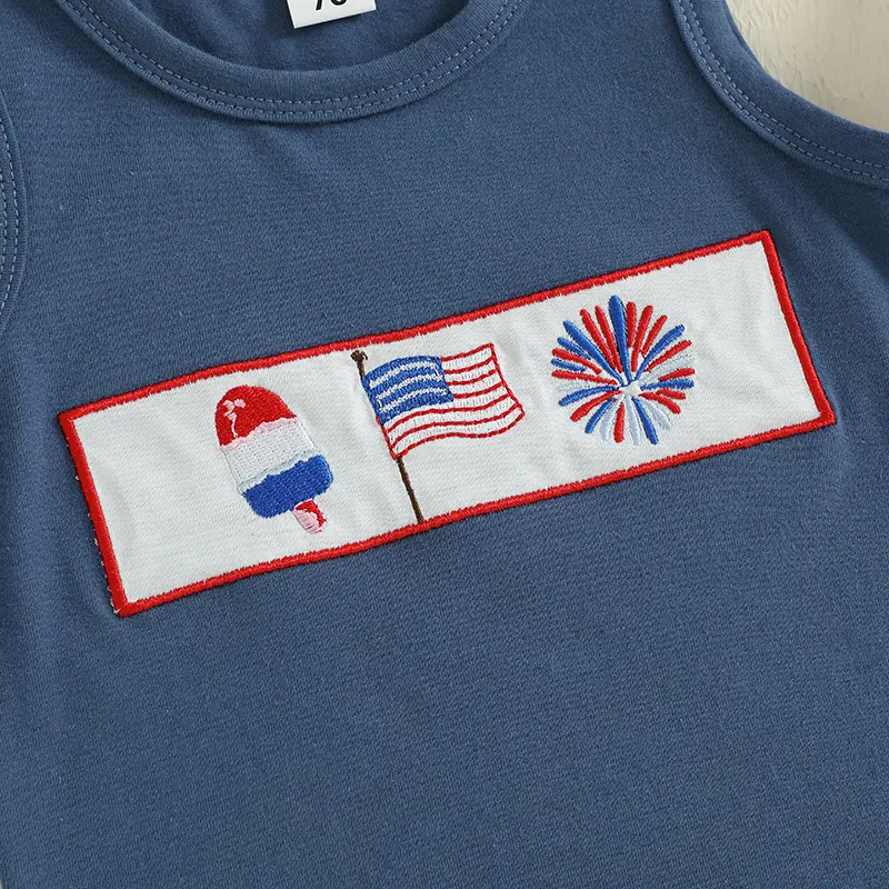 Baby Boy Patriotic Outfits Embroidery Sleeveless Tank Tops and Elastic Star Stripe Print Shorts Set Kids Summer Clothes