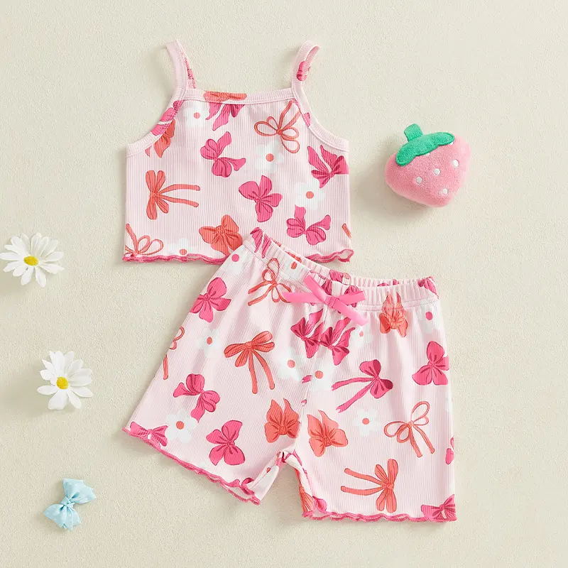 ma&baby 6M-4Y Toddler Kid Baby Girl Clothes Sets  Summer Outfits Bowknot/Strawberry Print Sleeveless Tank Tops Shorts