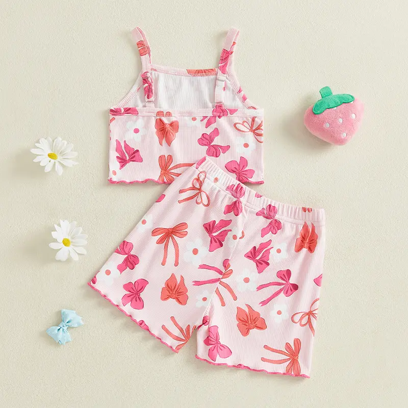 ma&baby 6M-4Y Toddler Kid Baby Girl Clothes Sets  Summer Outfits Bowknot/Strawberry Print Sleeveless Tank Tops Shorts