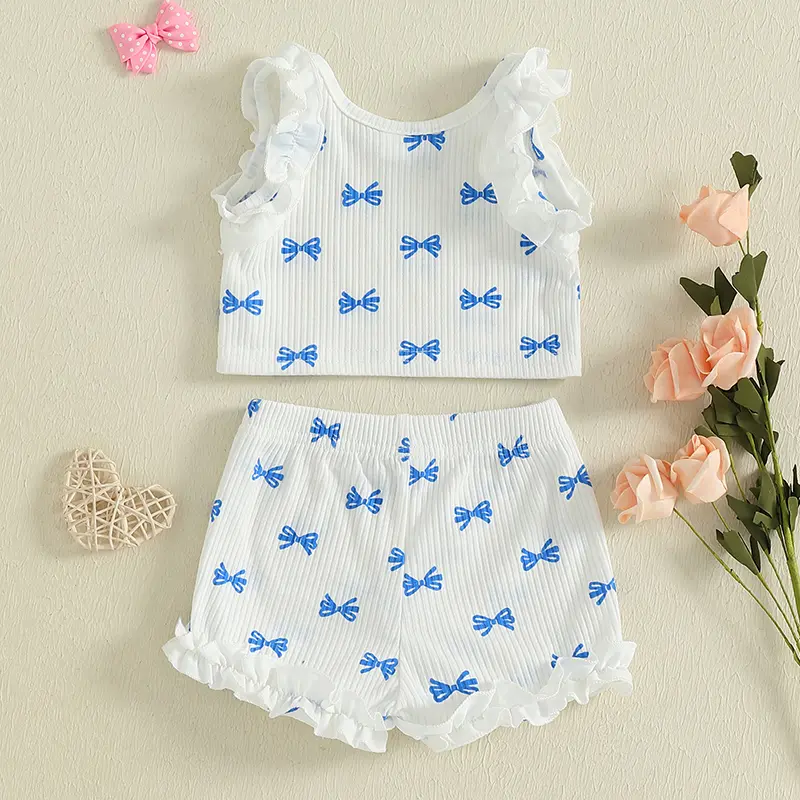 Baby Girl Bow Outfit Frill Trim Round Neck Sleeveless Tank Tops Elastic Waist Ruffle Shorts 2 Piece Ribbed Outfit