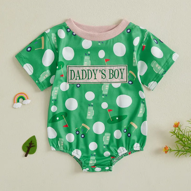Baby Boy Romper Summer Short Sleeve Round Neck Letter Embroidery Golf Print Romper Newborn Playsuit