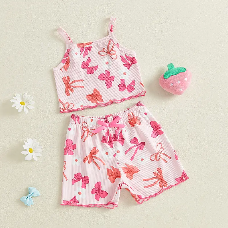 ma&baby 6M-4Y Toddler Kid Baby Girl Clothes Sets  Summer Outfits Bowknot/Strawberry Print Sleeveless Tank Tops Shorts