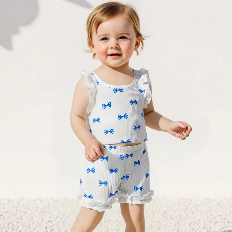 Baby Girl Bow Outfit Frill Trim Round Neck Sleeveless Tank Tops Elastic Waist Ruffle Shorts 2 Piece Ribbed Outfit
