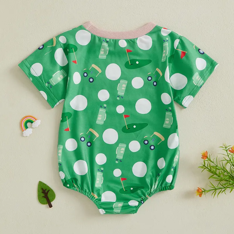 Baby Boy Romper Summer Short Sleeve Round Neck Letter Embroidery Golf Print Romper Newborn Playsuit