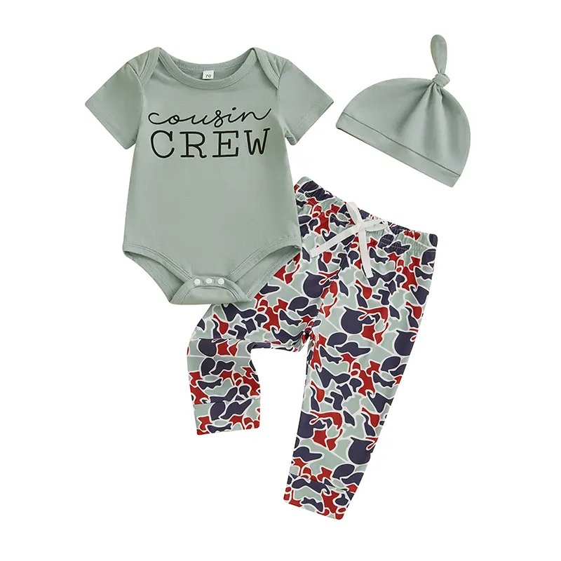 ma&baby 0-18M Newborn Infant Baby Boy  Clothes Sets 3Pcs Pants Sets Short Sleeve Letter Print Romper Camouflage Pants Hat Sets