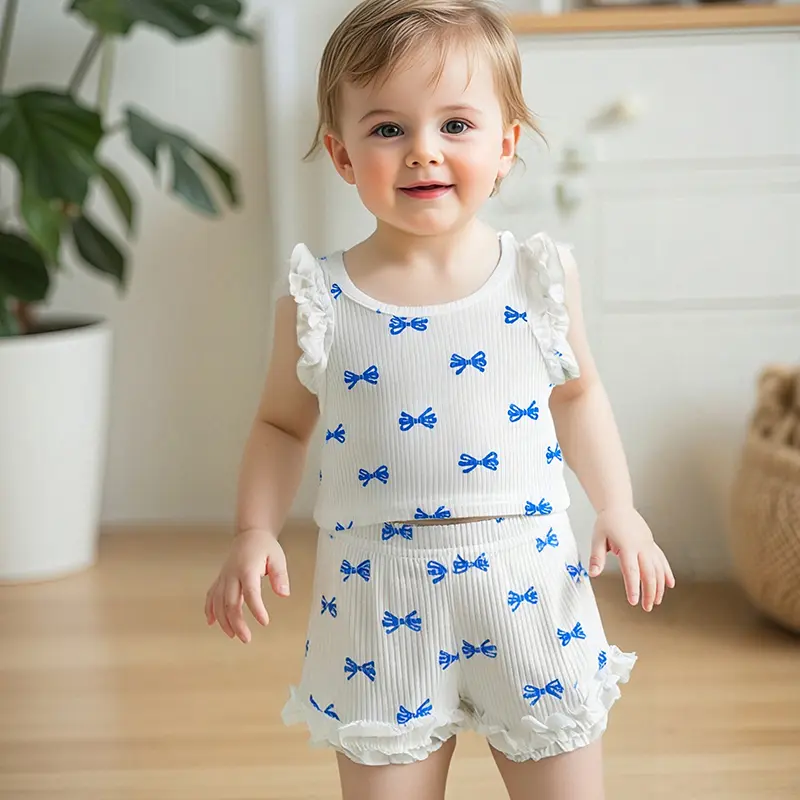 Baby Girl Bow Outfit Frill Trim Round Neck Sleeveless Tank Tops Elastic Waist Ruffle Shorts 2 Piece Ribbed Outfit