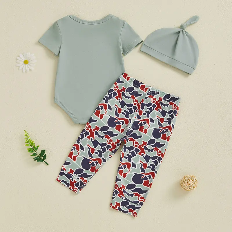 ma&baby 0-18M Newborn Infant Baby Boy  Clothes Sets 3Pcs Pants Sets Short Sleeve Letter Print Romper Camouflage Pants Hat Sets