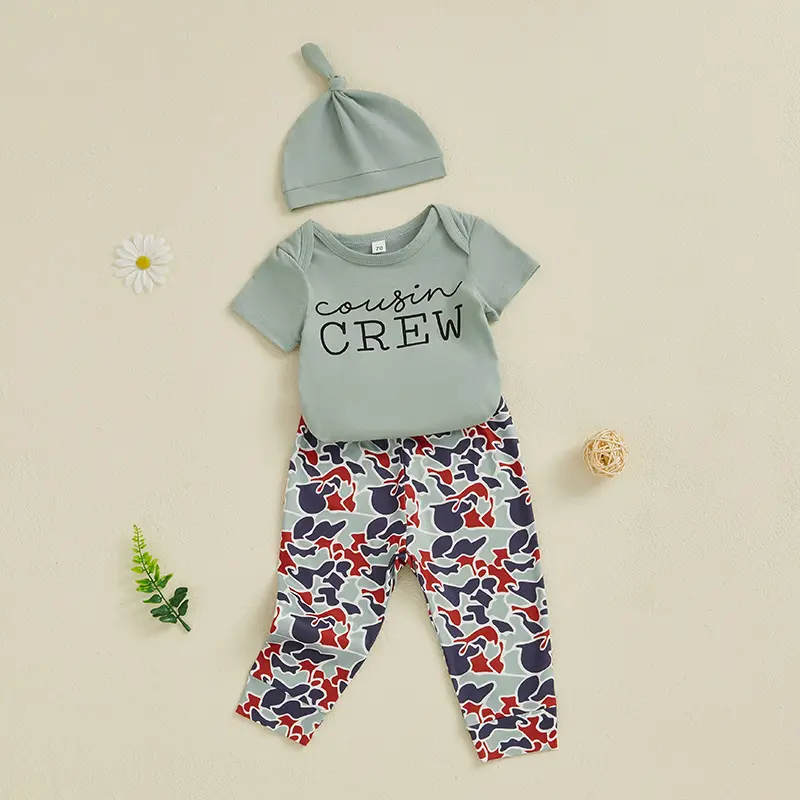 ma&baby 0-18M Newborn Infant Baby Boy  Clothes Sets 3Pcs Pants Sets Short Sleeve Letter Print Romper Camouflage Pants Hat Sets