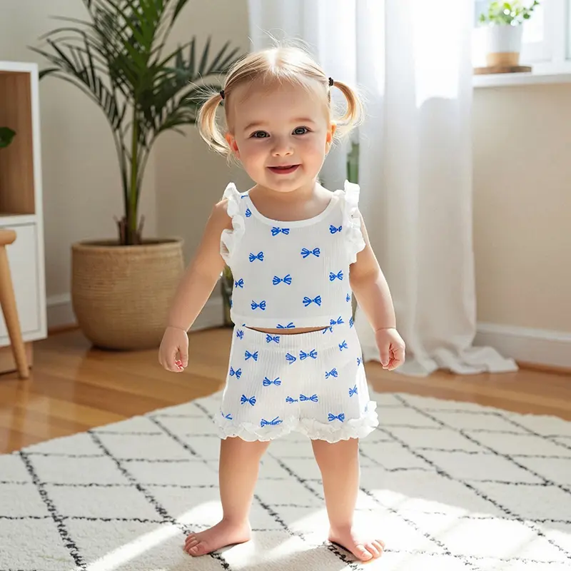 Baby Girl Bow Outfit Frill Trim Round Neck Sleeveless Tank Tops Elastic Waist Ruffle Shorts 2 Piece Ribbed Outfit