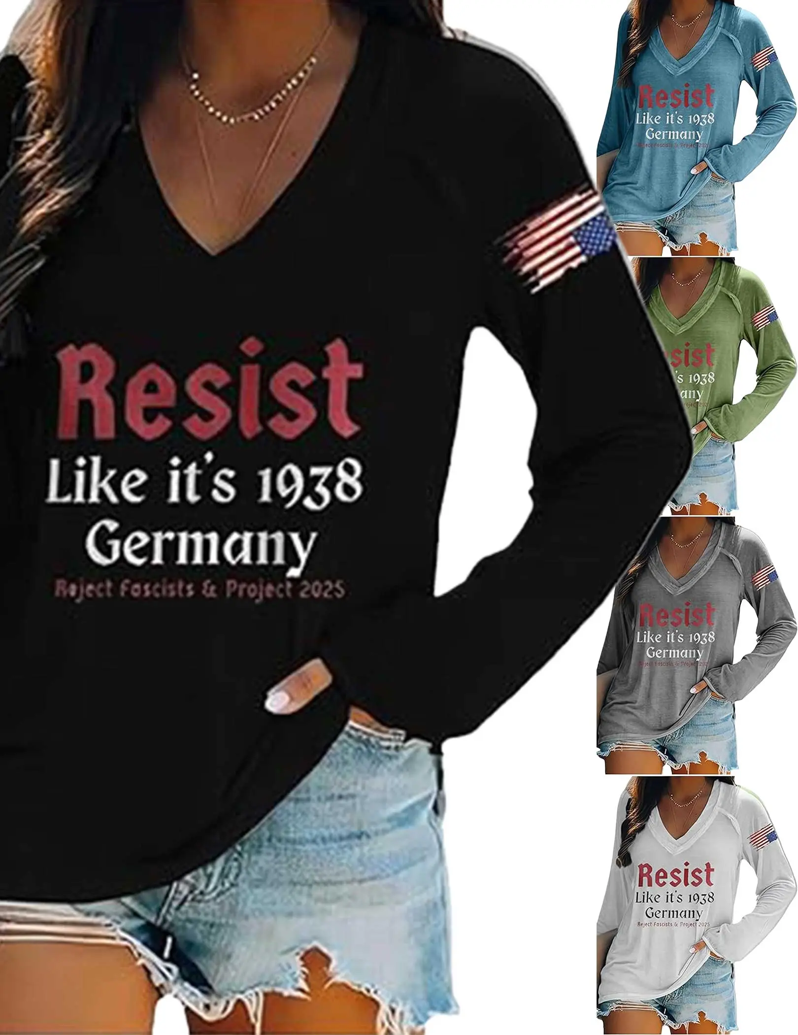 Resist Like Its 1938 Germany Womens Summer Tops Upside Down American Flag Trendy Outfits Long Sleeve for Women