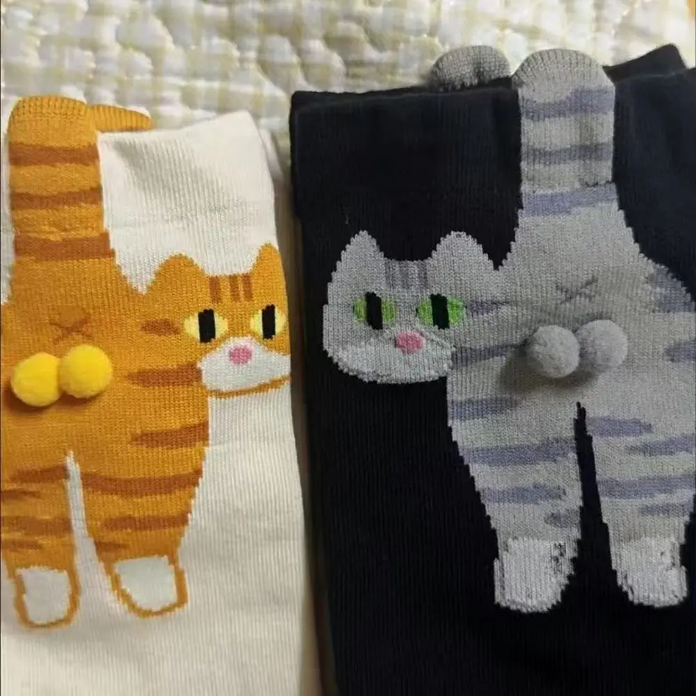 2Pcs Funny Cotton Socks with Balls Cartoon Animal Socks Cat Middle Tube Socks Novelty Gifts for Cat Lovers