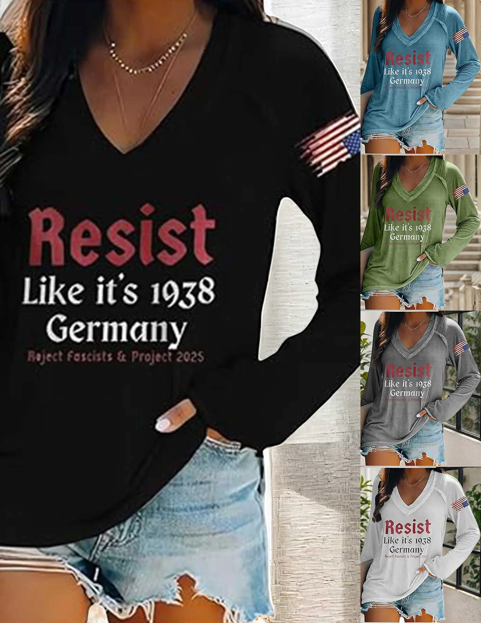 Resist Like Its 1938 Germany Womens Summer Tops Upside Down American Flag Trendy Outfits Long Sleeve for Women
