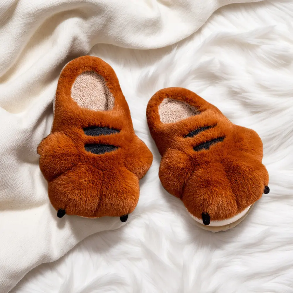 Tiger Paw Plush Slippers Warm Slip-on House Shoes Comfortable Flat Thermal Slippers Anti Slip Fluffy Home Slippers for Men Women