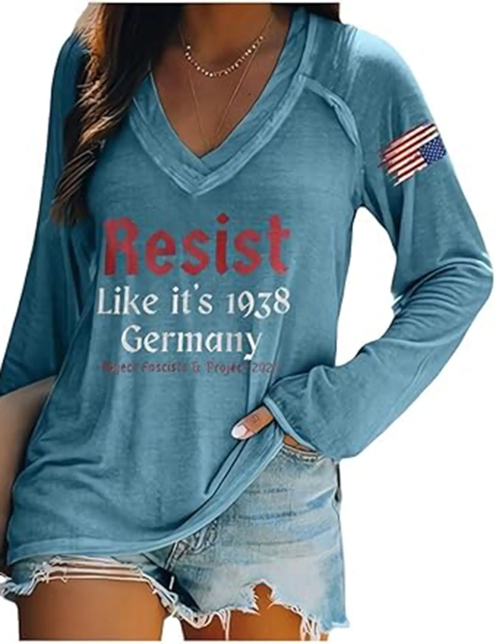 Resist Like Its 1938 Germany Womens Summer Tops Upside Down American Flag Trendy Outfits Long Sleeve for Women