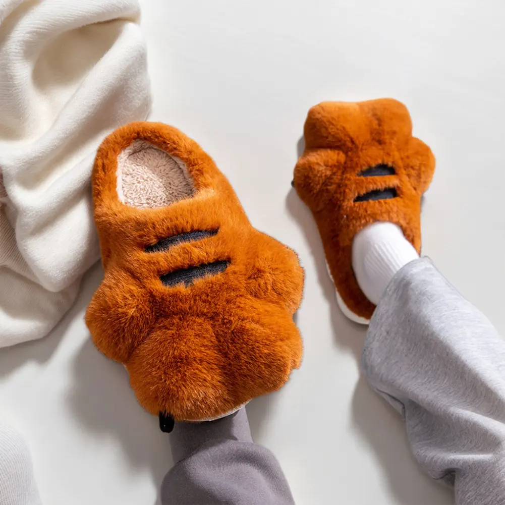 Tiger Paw Plush Slippers Warm Slip-on House Shoes Comfortable Flat Thermal Slippers Anti Slip Fluffy Home Slippers for Men Women