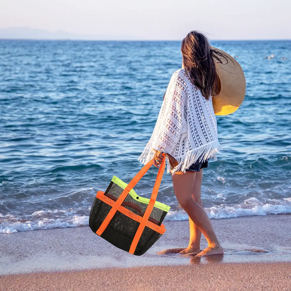 Mesh Beach Bag Portable Pool Bag Lightweight Sand  Organizer Bag Sandproof 7 Pockets for Cruise Swim Vacation Essentials