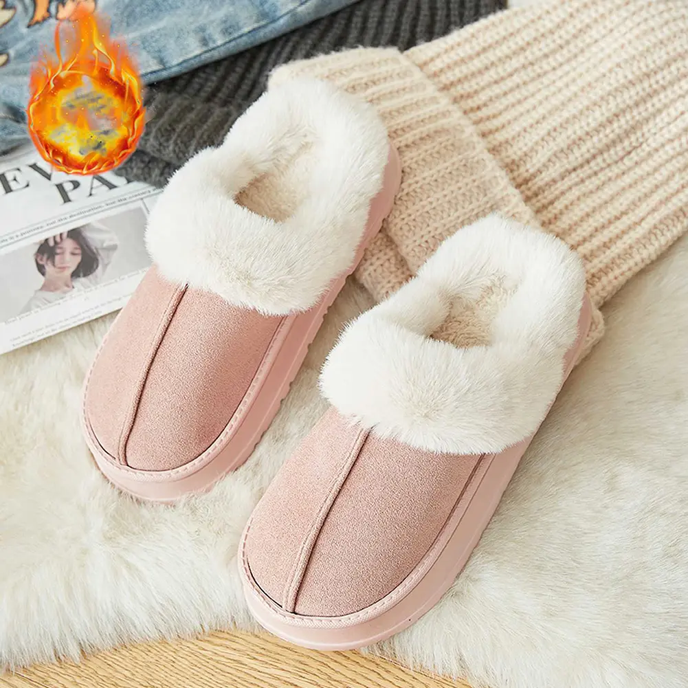 Women Plush Slippers Fluffy Home Slippers with Faux Fur Lining Slip-On Slippers Comfortable Low Top Snow Boots for Autumn Winter