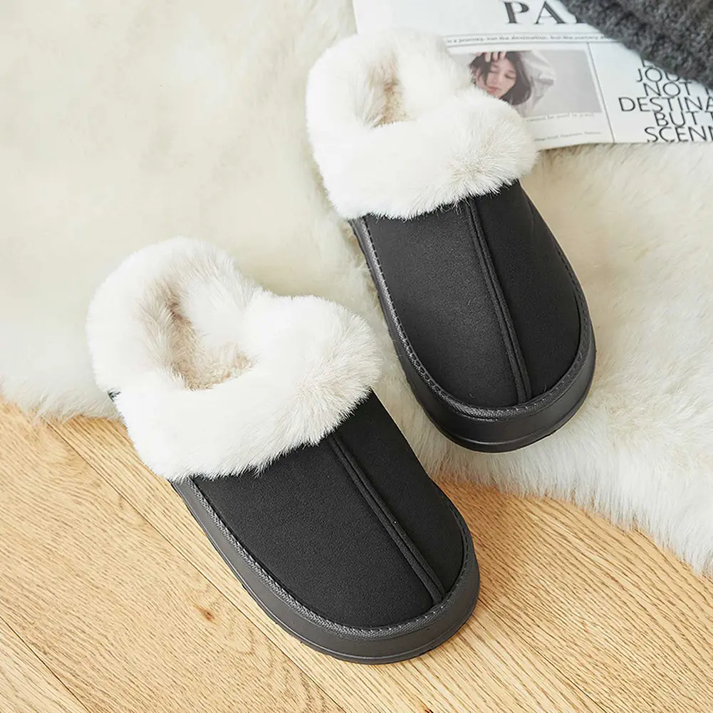 Women Plush Slippers Fluffy Home Slippers with Faux Fur Lining Slip-On Slippers Comfortable Low Top Snow Boots for Autumn Winter