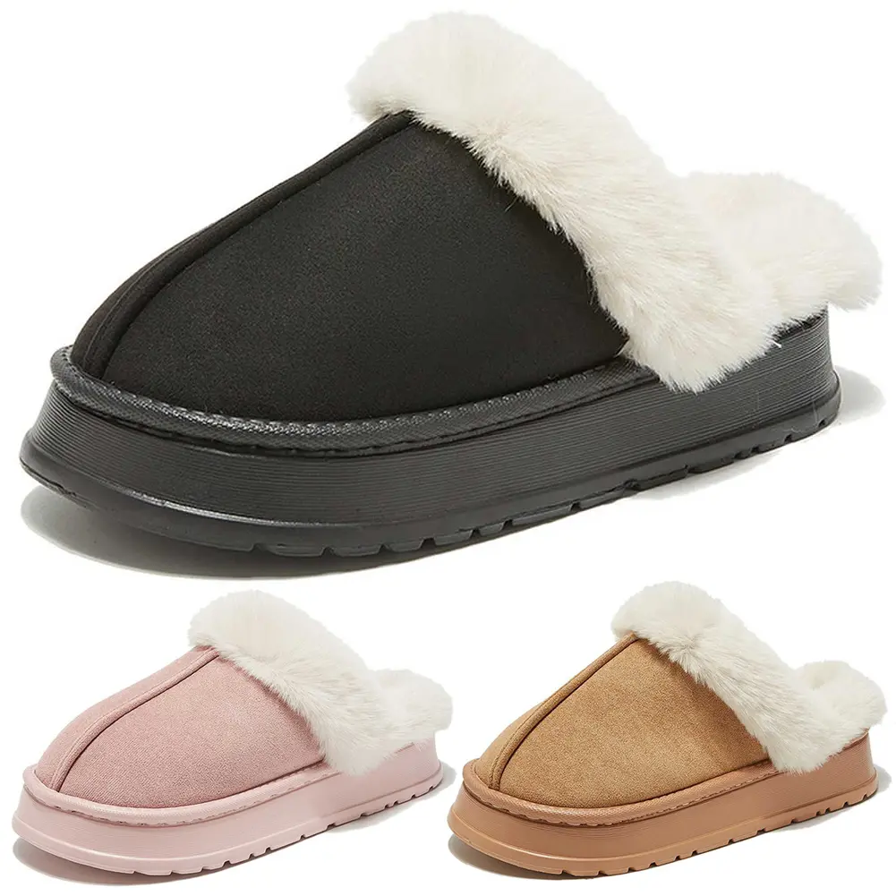 Women Plush Slippers Fluffy Home Slippers with Faux Fur Lining Slip-On Slippers Comfortable Low Top Snow Boots for Autumn Winter