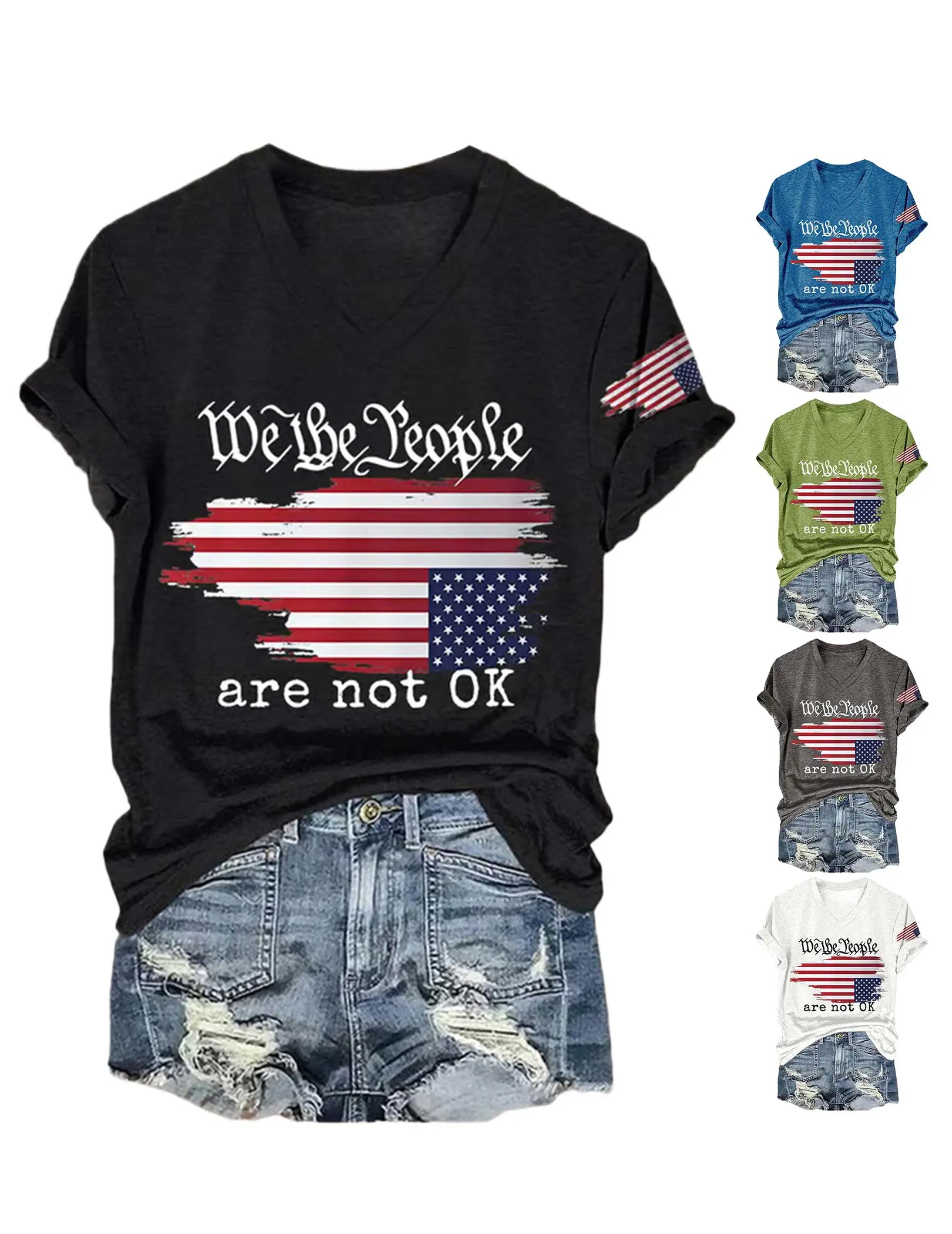 Upside Down American Flag Womens Summer Tops Short Sleeve Trendy Beach Vacation Clothes V Neck Summer Casual Tee Tops for Women