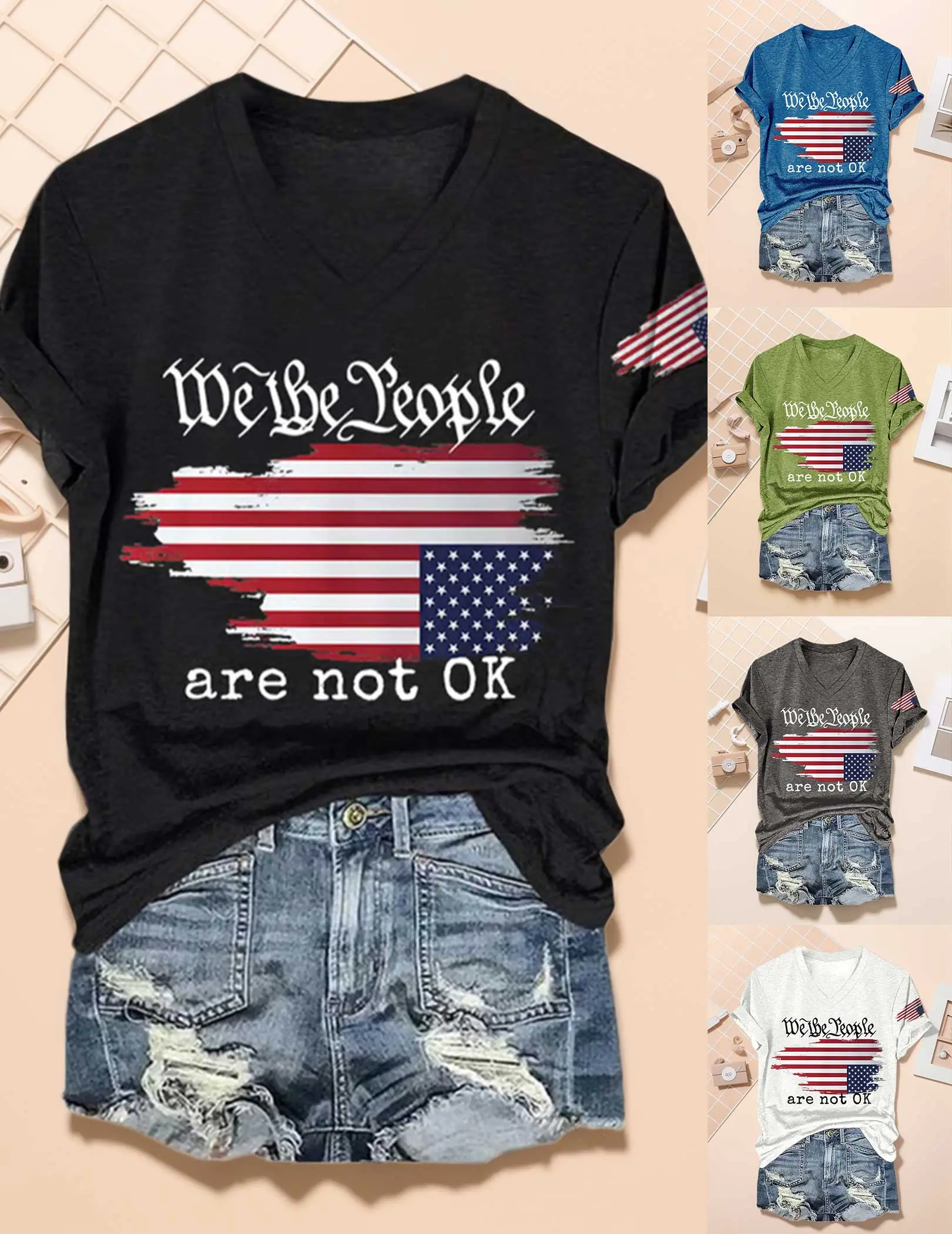 Upside Down American Flag Womens Summer Tops Short Sleeve Trendy Beach Vacation Clothes V Neck Summer Casual Tee Tops for Women