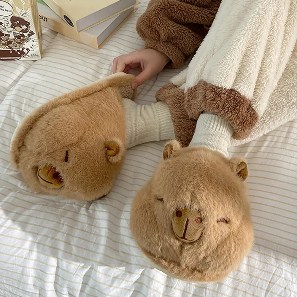 Plush Capybara Slippers Thermal Home Slippers Cute Fluffy Couple Slippers Comfortable Fuzzy Capybara Slippers for Autumn Winter