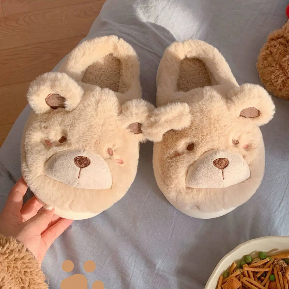 Plush Bear Slippers Fuzzy Indoor Slippers Anti Slip Plush Closed Toe Slippers Comfortable Slip-on House Shoes for Autumn Winter