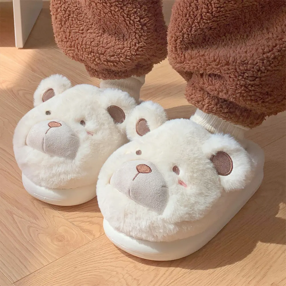 Plush Bear Slippers Fuzzy Indoor Slippers Anti Slip Plush Closed Toe Slippers Comfortable Slip-on House Shoes for Autumn Winter