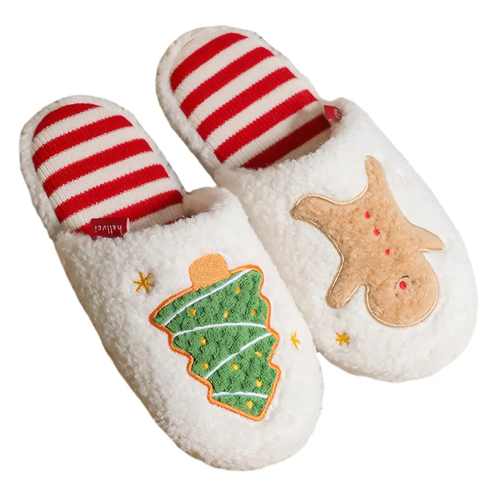 Christmas Plush Slippers Flat Thermal Slippers Comfortable Cute Gingerbread Man Slippers Furry Xmas Tree Slippers for Men Women