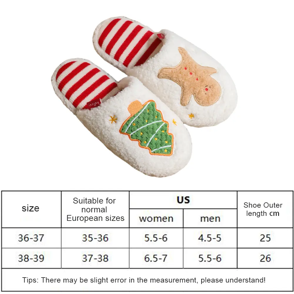 Christmas Plush Slippers Flat Thermal Slippers Comfortable Cute Gingerbread Man Slippers Furry Xmas Tree Slippers for Men Women