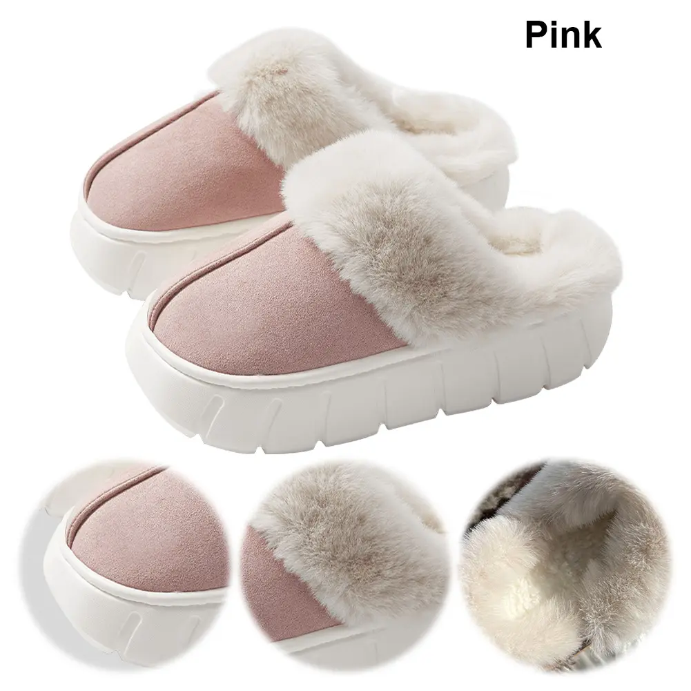 Platform Slippers for Women Fur Fleece Lined House Slippers Memory Foam Warm Winter Slippers for Indoor Outdoor