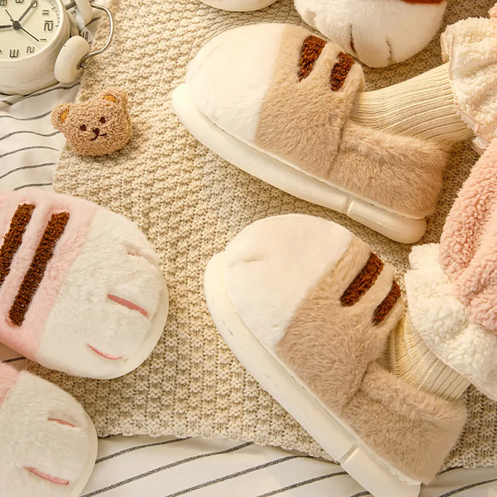 3D Cat Paw Plush Slippers Fluffy Home Slippers Comfortable Furry Paw Couple Slippers Anti Slip Cute Paw Slippers for Men Women
