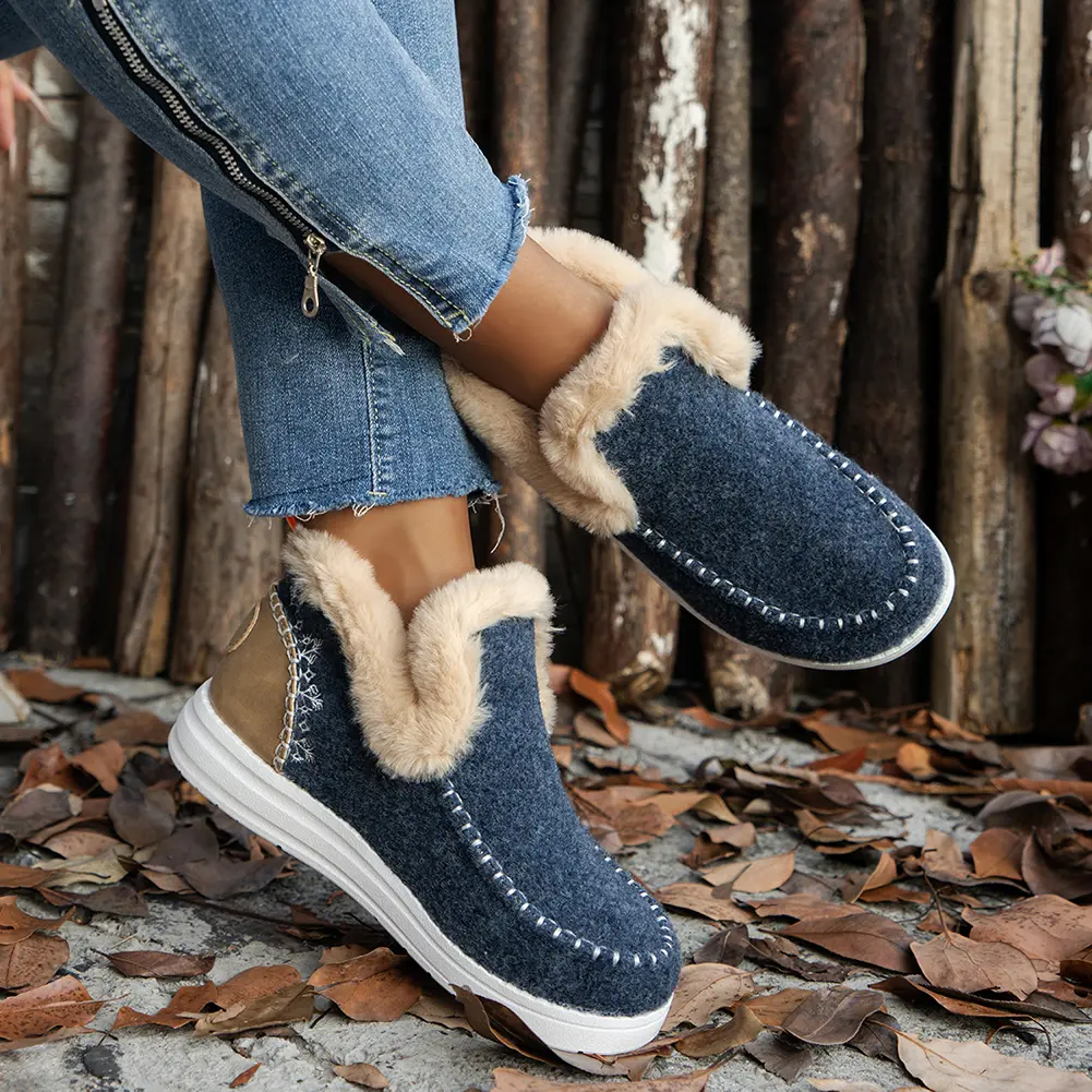 Women Plush Shoes Casual Short Boots Faux Fur Lining Cozy Ankle Boots Round Toe Flat Footwear Non Slip for for Indoor Outdoor