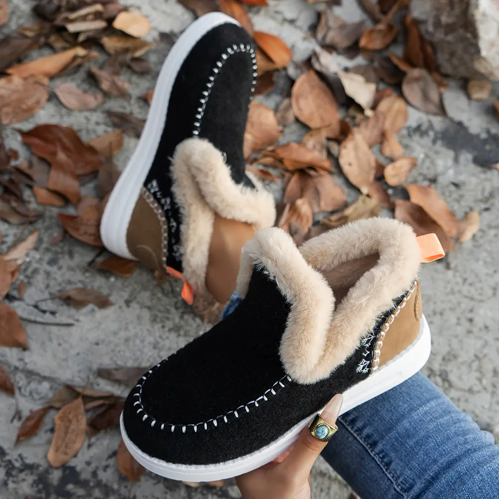 Women Plush Shoes Casual Short Boots Faux Fur Lining Cozy Ankle Boots Round Toe Flat Footwear Non Slip for for Indoor Outdoor