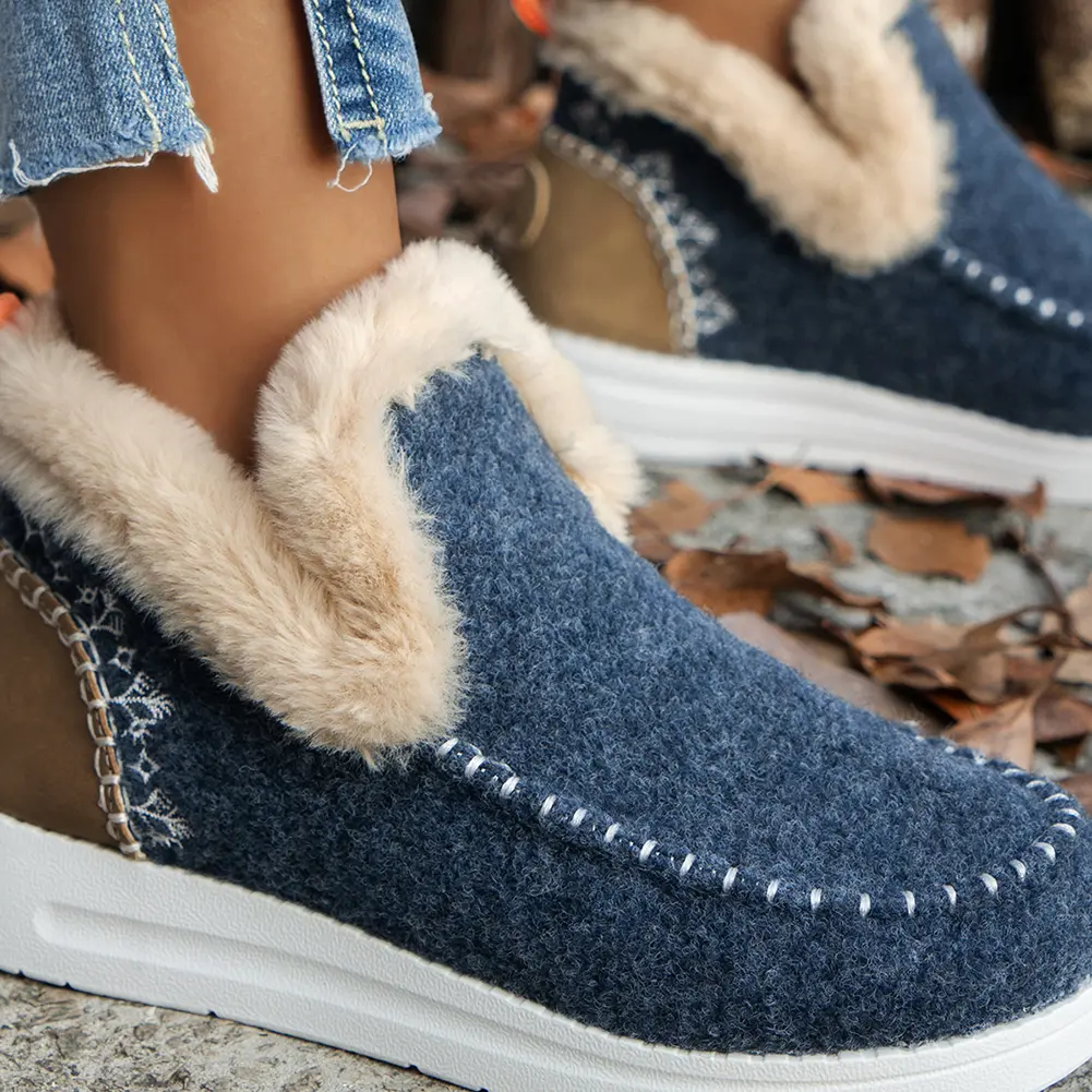 Women Plush Shoes Casual Short Boots Faux Fur Lining Cozy Ankle Boots Round Toe Flat Footwear Non Slip for for Indoor Outdoor