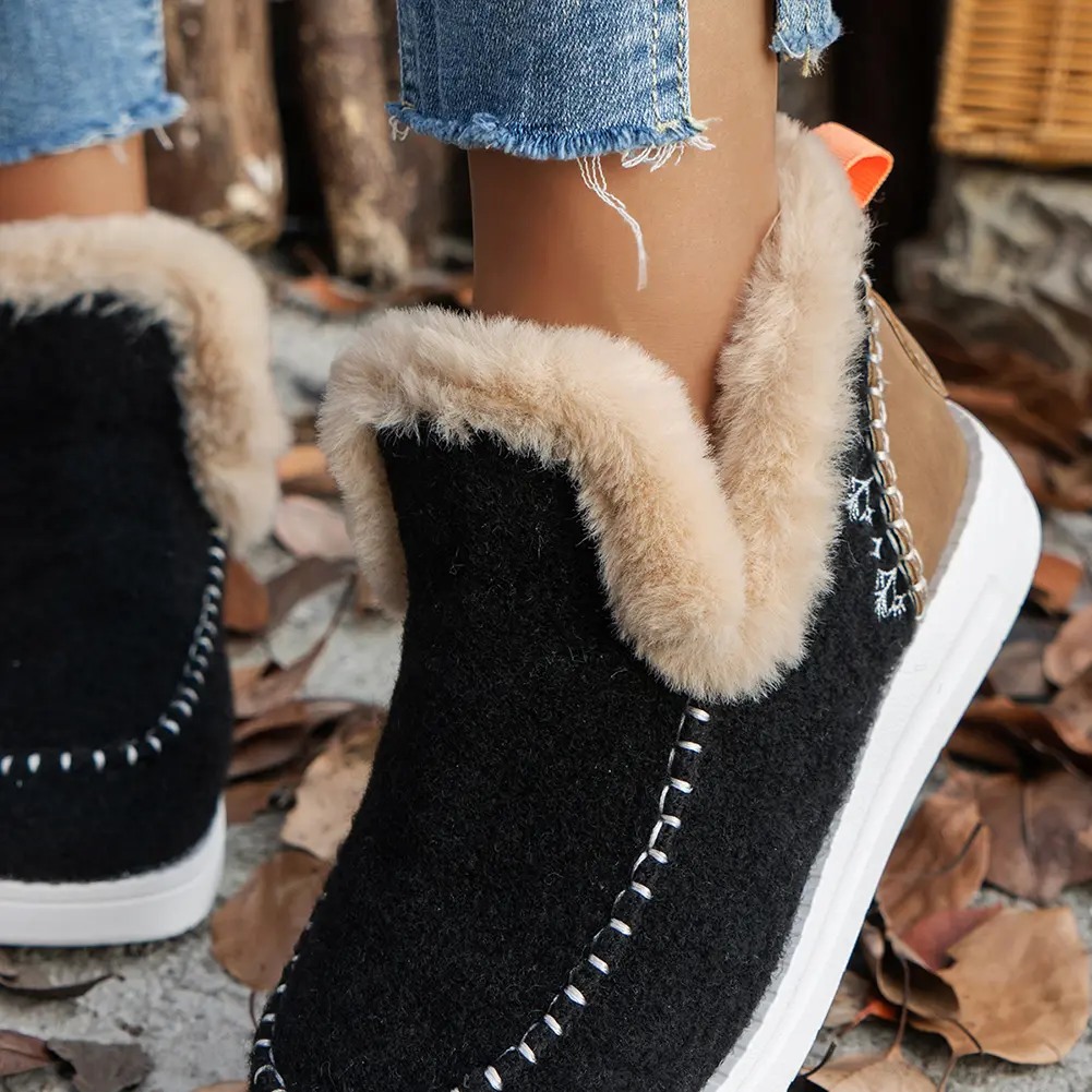 Women Plush Shoes Casual Short Boots Faux Fur Lining Cozy Ankle Boots Round Toe Flat Footwear Non Slip for for Indoor Outdoor
