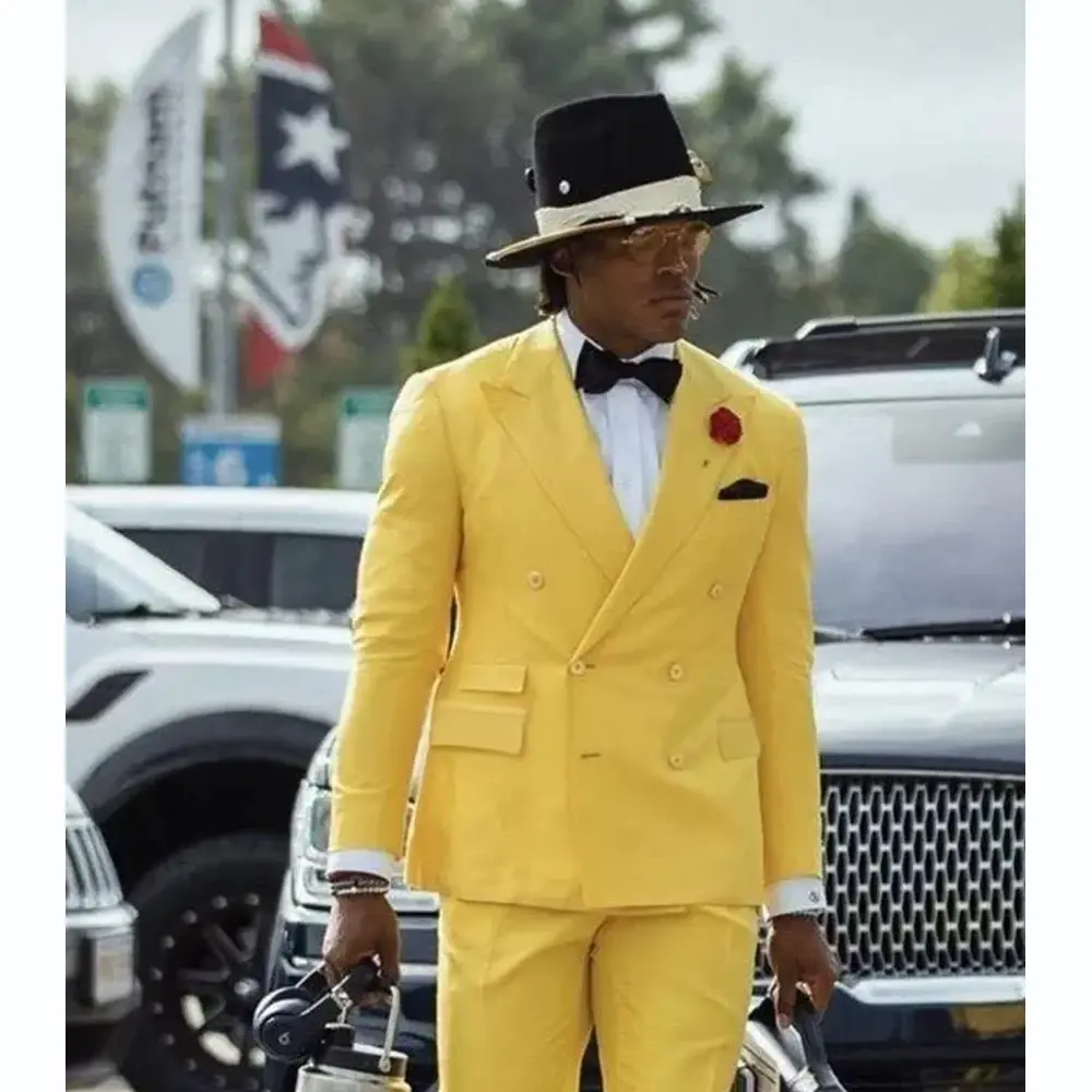 Yellow Suits for Men  Set Double Breasted Peak Lapel Casual Male Clothing Daily Outfits 2 Piece Jacket Pants Blazer