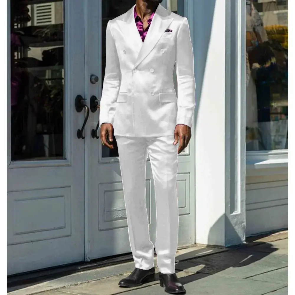 Fashionable Men Suits Satin 2 Piece Jacket Pants Sets High Quality Prom Party Blazer Double Breasted Peak Lapel Male Clothing