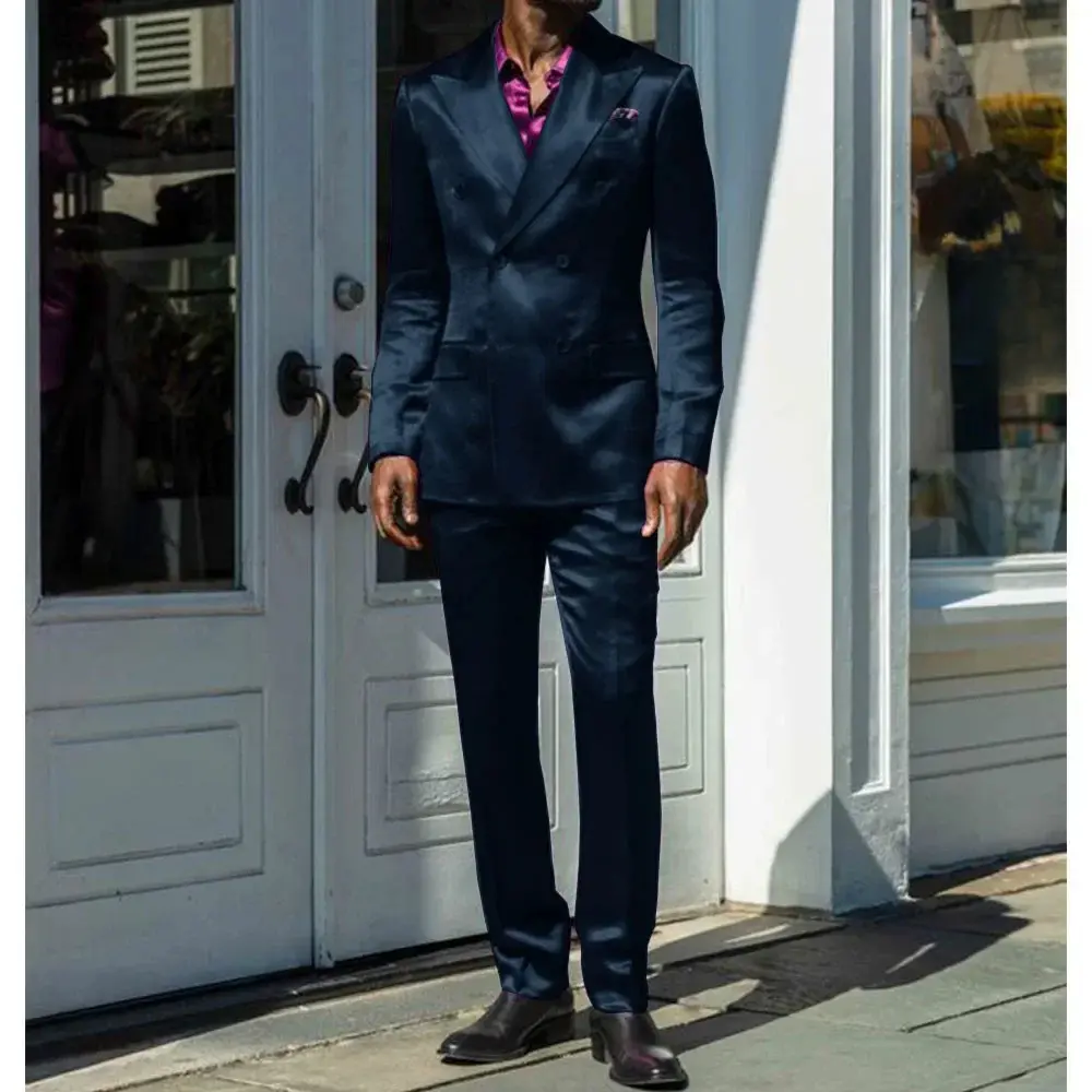 Fashionable Men Suits Satin 2 Piece Jacket Pants Sets High Quality Prom Party Blazer Double Breasted Peak Lapel Male Clothing