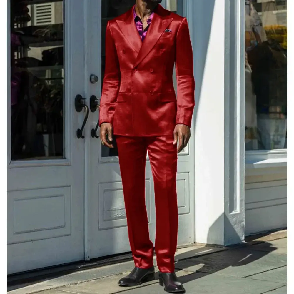 Fashionable Men Suits Satin 2 Piece Jacket Pants Sets High Quality Prom Party Blazer Double Breasted Peak Lapel Male Clothing