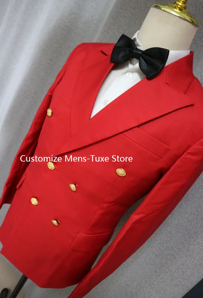 Formal Red Double  Slim Fit Men Suits Casual   Prom Evening Party England Style 2 Piece Jacket Pants Blazer Set